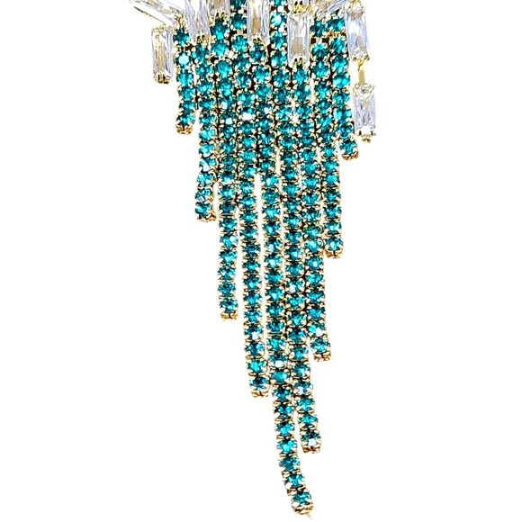 Crystal Starburst Dangle Earrings Green Rhinestones Fringe Design - Picture 4 of 9